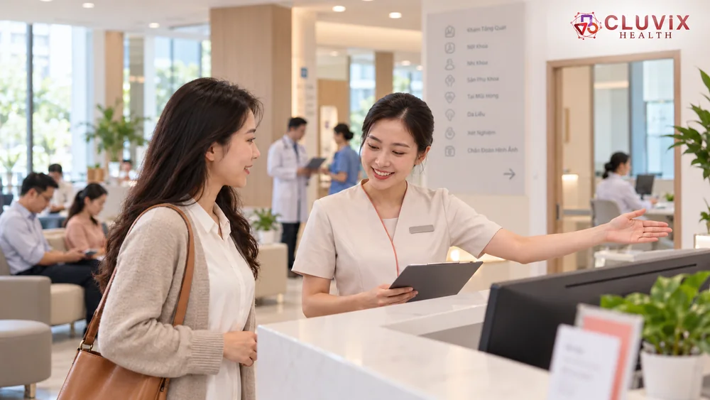 Quy trình tiếp nhận bệnh nhân tại phòng khám với lễ tân đối chiếu lịch và hướng dẫn người bệnh